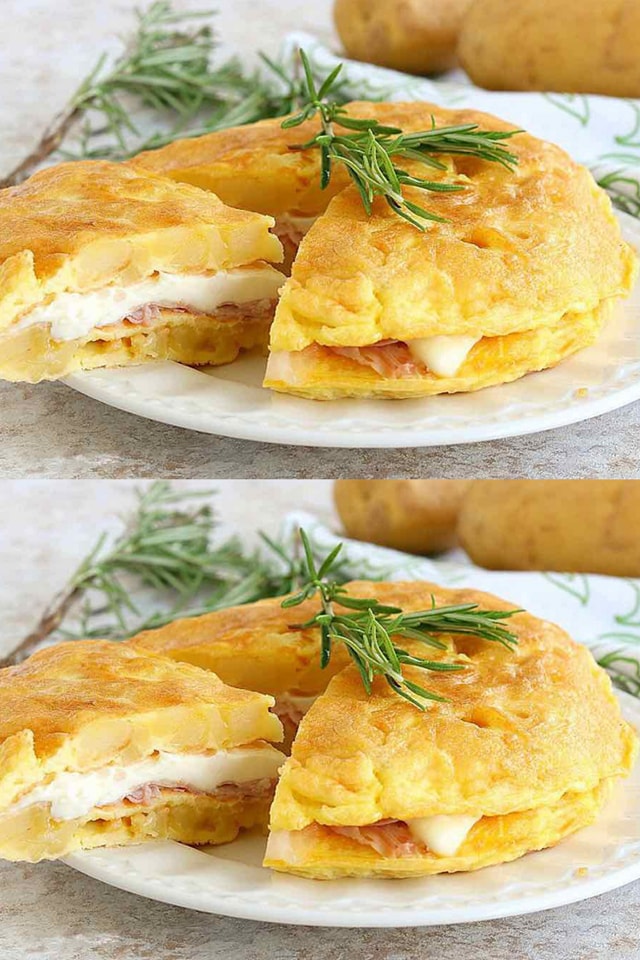 Frittata di patate ripiena di prosciutto e formaggio