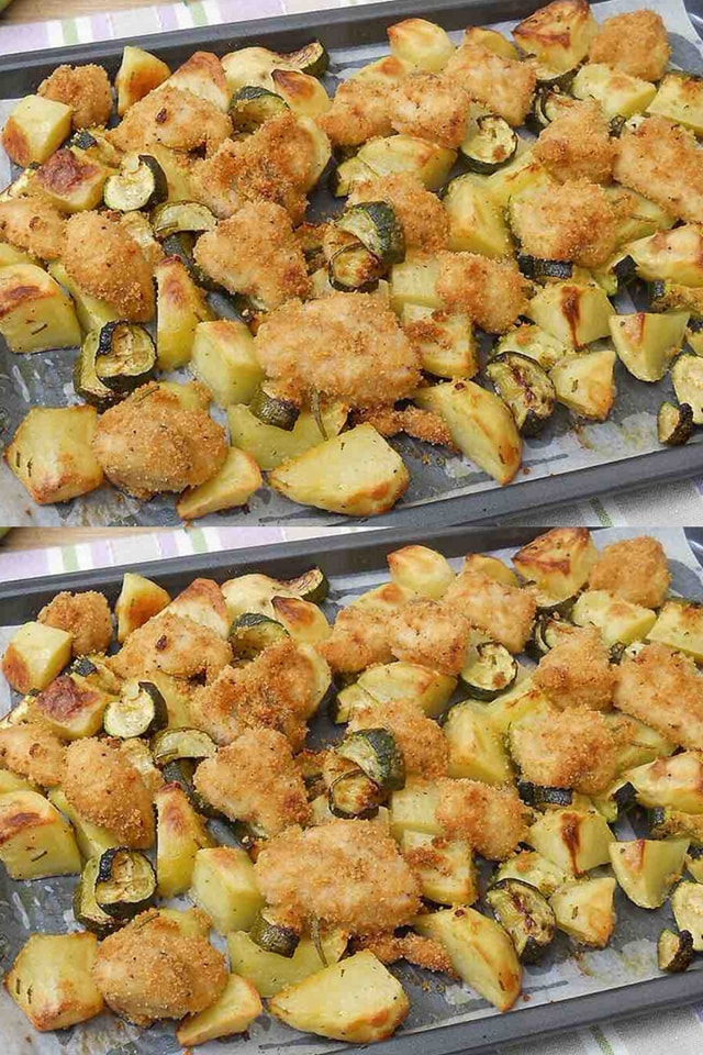 Nuggets di pollo con zucchine e patate