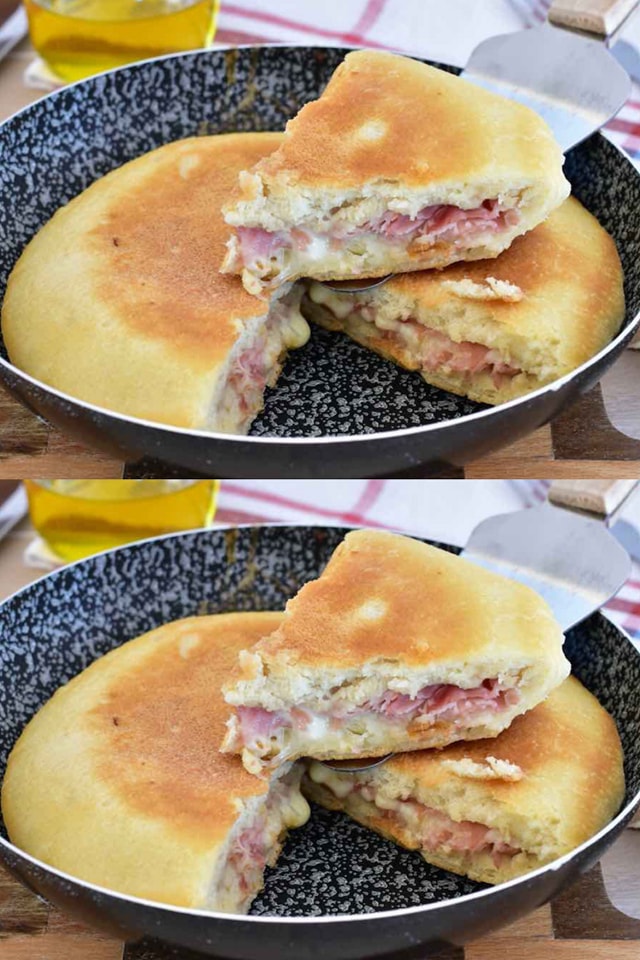 Pizza in padella ripiena di prosciutto e mozzarella